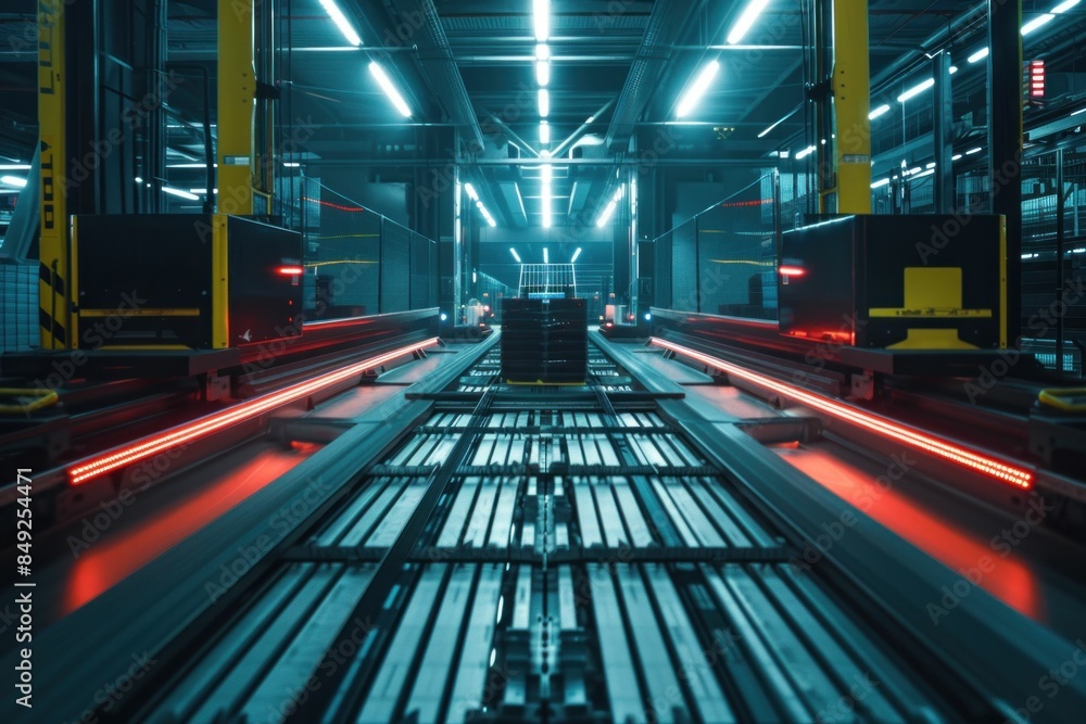 Aufkleber automated warehouse conveyor belt system with red lights and efficient logistics operations in motio