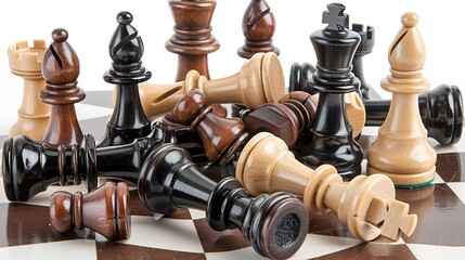 A close-up view of a chessboard filled with various chess pieces, ready for a game to begin