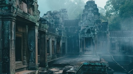 Ancient Stone Temple Shrouded in Mist