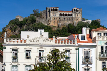 View of the castle of Leiria since Rodrigues Lobo square of the city in a sunny day. Portugal.