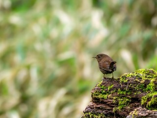 森の中で倒木に留まっているミソサザイ
