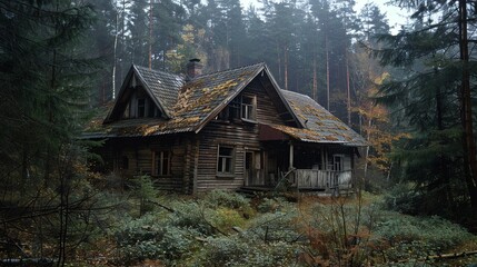 An old abandoned broken wooden house in the middle of the forest like a scene from a western movie. Concept of horror with ghosts