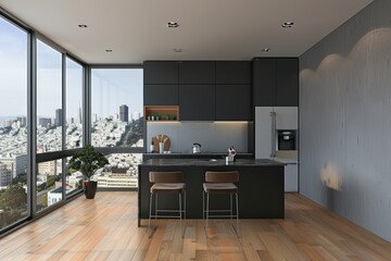 An interior view of a grey home kitchen with a windowed bar counter and an eating table