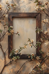Elegant background featuring a subtle wooden frame on a beige backdrop,