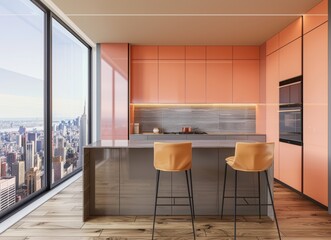 Interior of elegant home kitchen with panoramic window and bar island