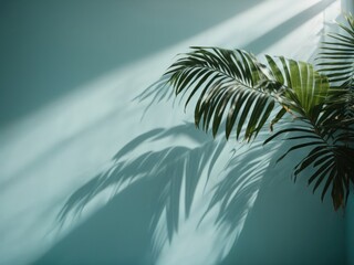 Blurred shadow from palm leaves on the light blue wall empty room for product presentation