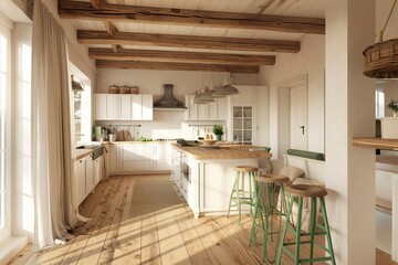 Fototapeta premium Interior of a stylish home kitchen with a bar island and a cabinet near the window