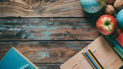 An arrangement of an apple, notebook, and pencils on a wooden table, concept first september
