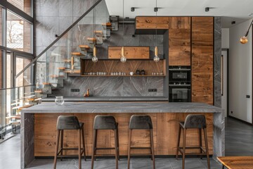 Stunning modern kitchen with wooden cabinetry, bar stools, and concrete flooring. Interior design concept.