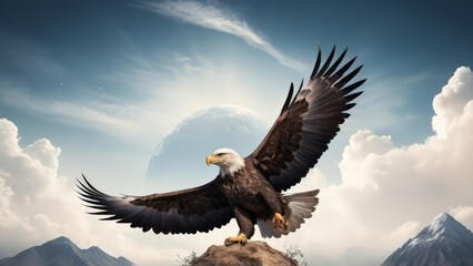 Obraz premium An eagle is flying in the blue sky. Bald eagle flying against a clear blue sky with wings fully extended. 