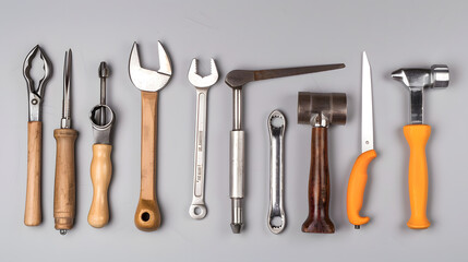 A collection of woodworking tools, including hammers, screwdrivers, and scissors