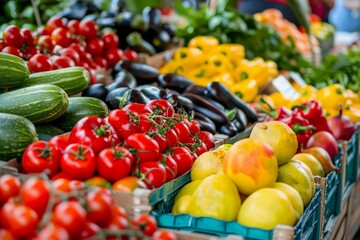 A colorful display of fresh fruits and vegetables at a farmers market, showcasing a diverse selection of produce