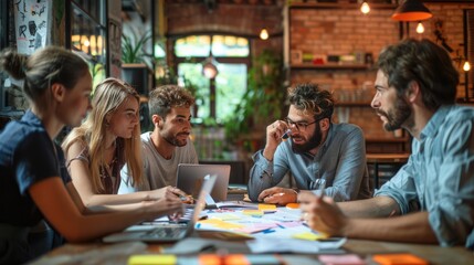 Team collaborating in modern workspace, brainstorming ideas with notes and laptops. Creative office environment with group of focused professionals.