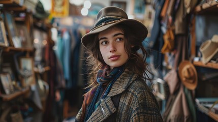 A young woman in vintage clothing and hat shopping in a charming antique store filled with old treasures, books, and memorabilia.
