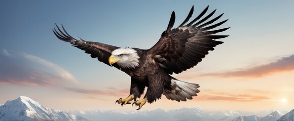 Obraz premium An eagle is flying in the blue sky. Bald eagle flying against a clear blue sky with wings fully extended. 