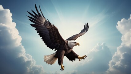 Obraz premium An eagle is flying in the blue sky. Bald eagle flying against a clear blue sky with wings fully extended. 