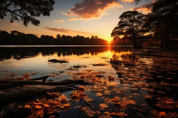 Obraz premium Magic sunset reflected in Benjakiti Park, Bangcoc., generative IA