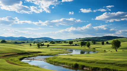 Naklejka premium Stunning summer scenery featuring a green meadow under a blue sky adorned with fluffy clouds.