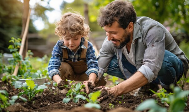 Father and son gardening together in a lush garden, planting seedlings and enjoying nature. Family bonding and outdoor activities. - Powered by Adobe