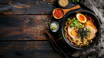 Delicious bowl of ramen in black bowl with chopsticks.
