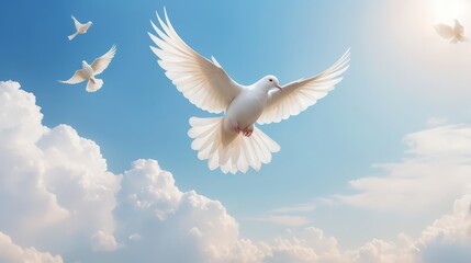 White doves are flying in the blue sky. Holy Spirit. Winged Dove flying in front of the cross against blue sky with clouds. Christian concept