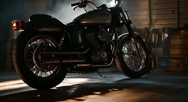 A motorbike and suspension in a garage with a sunbeam