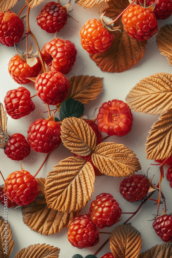 Poster minimalist composition of red raspberry leaves and fruits on a plain background,