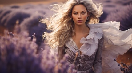Beautiful Scandinavian woman with model looks, running through fields of blooming lavender.