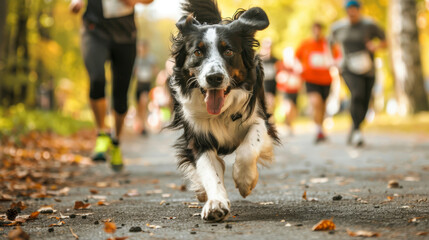 A dog runs alongside human runners during a marathon, poster