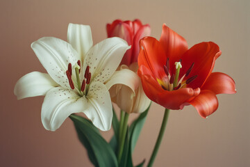 Fototapeta premium Simple photo of white lilies paired with red tulips on a clean, neutral background,