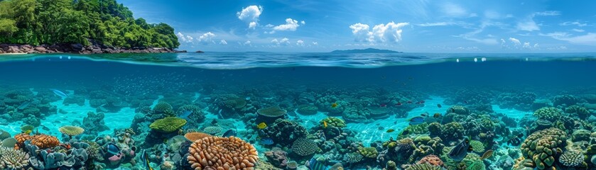 Fototapeta premium Tropical island with vibrant coral reef underwater.