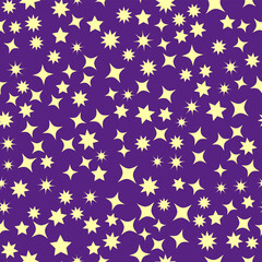 Ditsy bright gold stars seamless pattern on purple, blue background