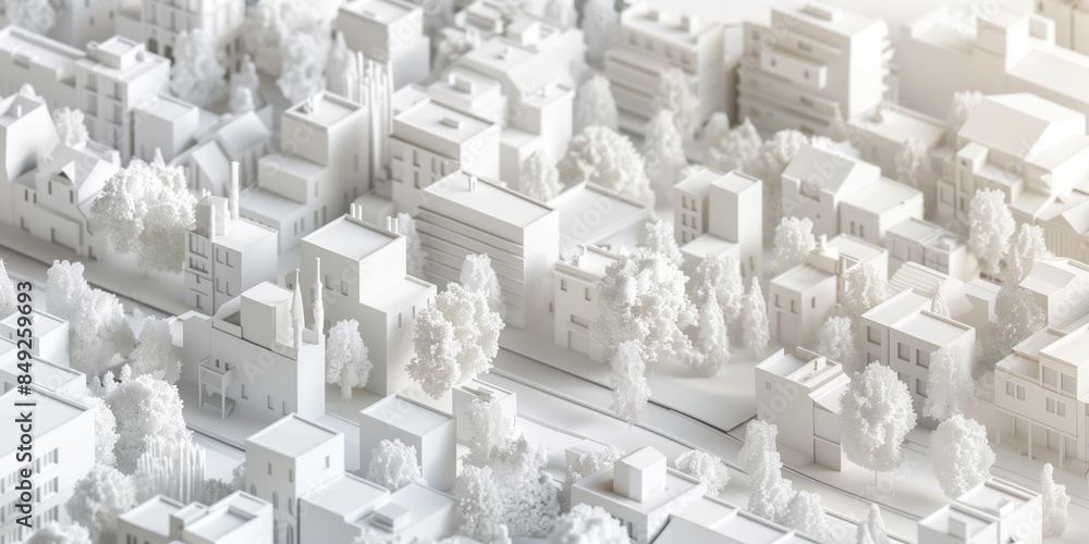 Poster birds eye view of a modern city. urban concept. white clay 3d rendering. created with generative ai 