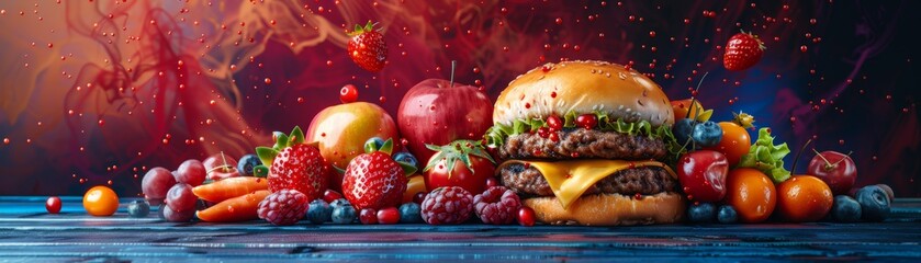A juicy burger surrounded by a variety of colorful fruits and vegetables.