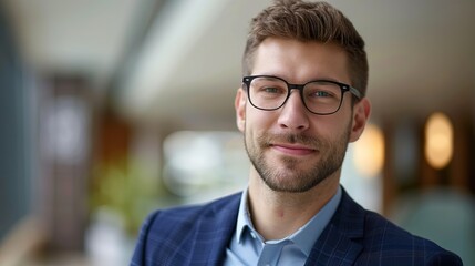 Caucasian man glasses suit smiling indoor workspace