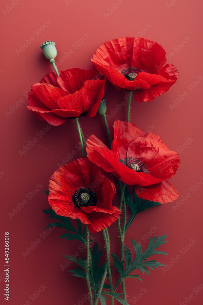 Poster simple photo of red poppies on a plain pastel backdrop,
