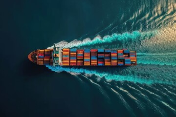 Aerial View of Cargo Ship Sailing Through Deep Blue Sea. Shipping Cargo, Business Logistics, and Transportation Industry, Drone View