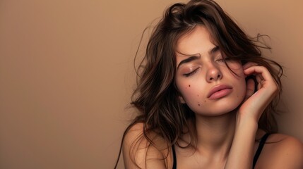 Caucasian woman with dark hair touching face serene expression