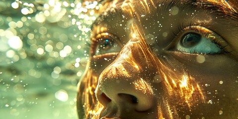 Close-up face with glowing particles underwater surreal scene