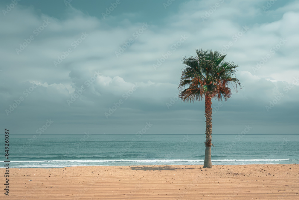 Poster simple background showcasing a minimalist beach scene with a single palm tree,