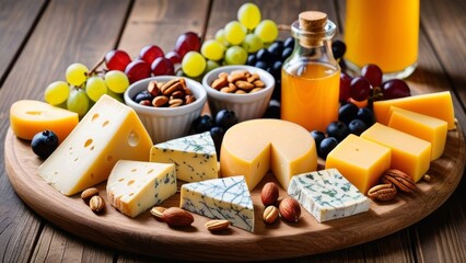A close-up of a gourmet cheese board featuring an assortment of cheeses, nuts, fruits, and honey, beautifully arranged on a wooden board.