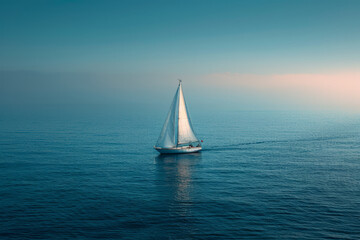 Fototapeta premium Minimalist aesthetic background with a distant sailboat on a calm sea,