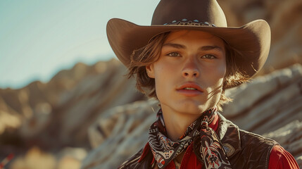  cowboy attire stands amidst a windswept field