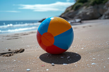 Obraz premium Simple photo of a single beach ball on a clean sand background,