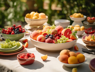 An array of fresh fruits meticulously arranged on a table, set outdoors under the natural sunlight