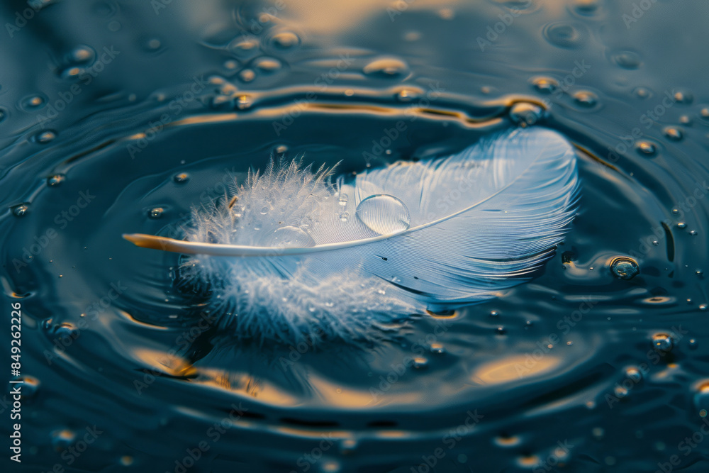 Aufkleber Elegant background featuring a floating feather on water, bordered by a delicate frame,
