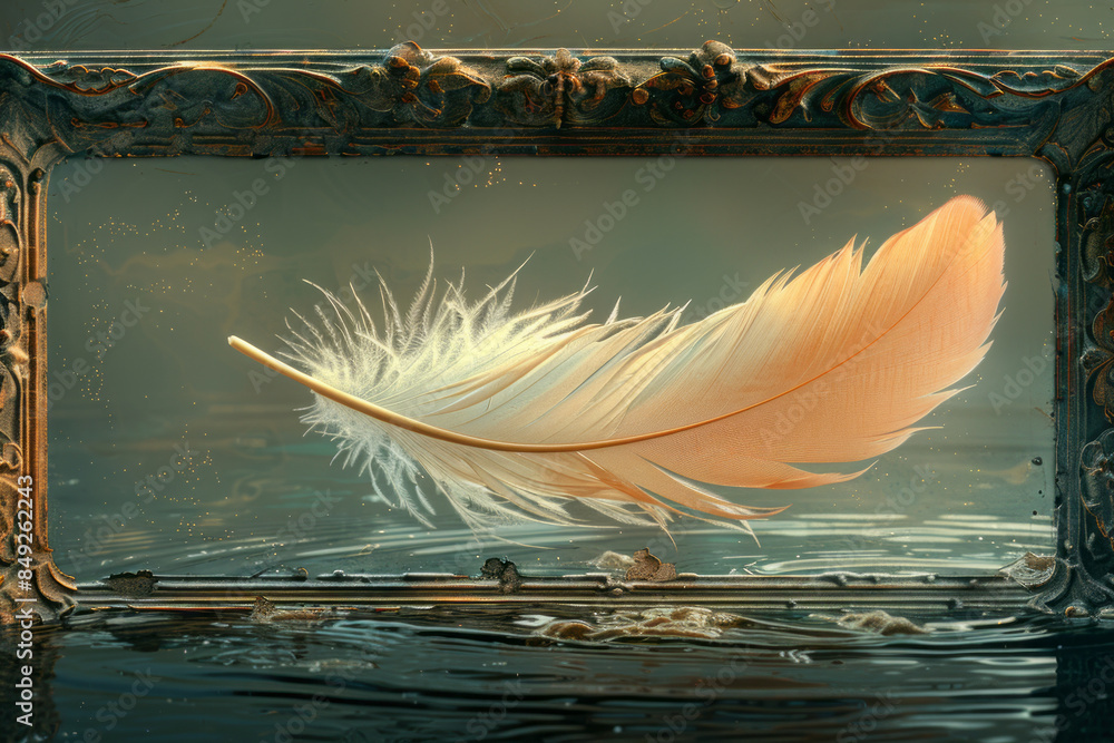 Poster elegant background featuring a floating feather on water, bordered by a delicate frame,