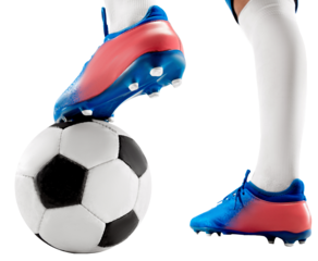 Cropped close-up image of players legs in special footwear for soccer game, leaning leg on football ball isolated on transparent background. Concept of sport, competition, tournament, games