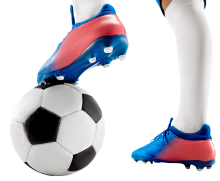 Cropped close-up image of players legs in special footwear for soccer game, leaning leg on football ball isolated on transparent background. Concept of sport, competition, tournament, games