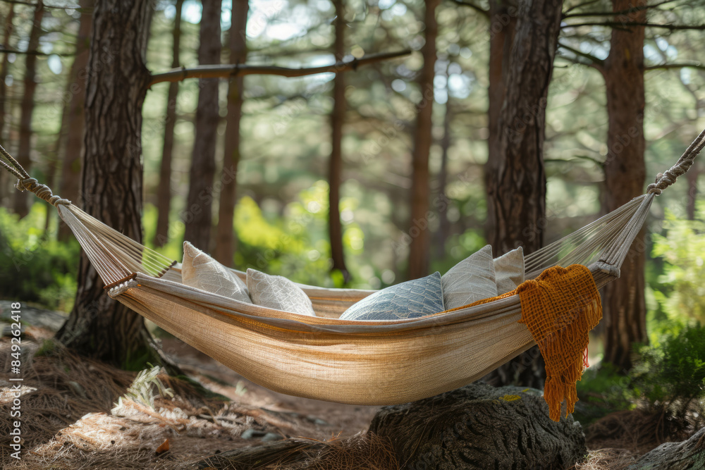 Poster simple background showcasing a hammock between two trees, encased in a clean frame,